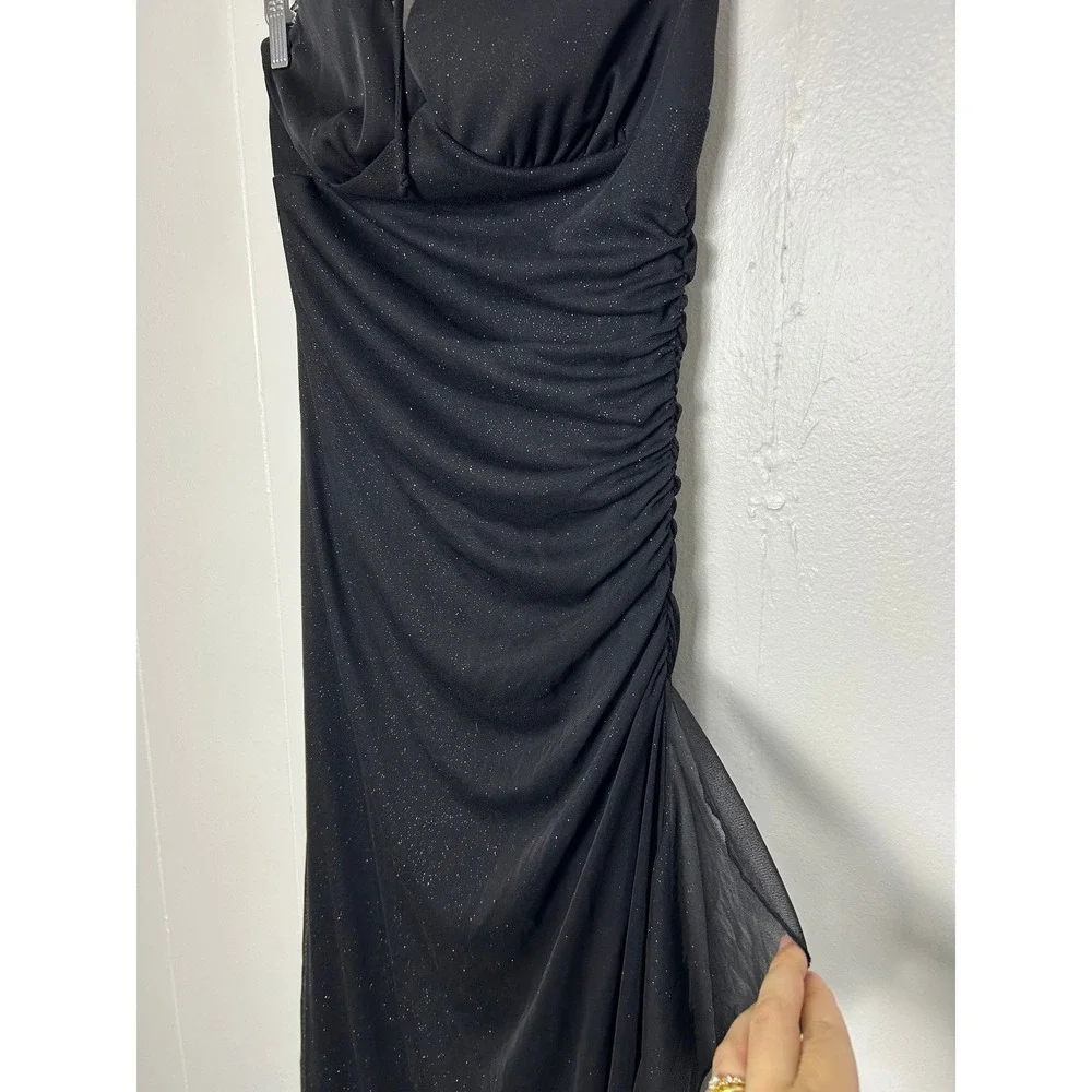 Y2k City Triangles Prom Dress‎ Gown L Black Glitter Ruched Halter Whimsigoth